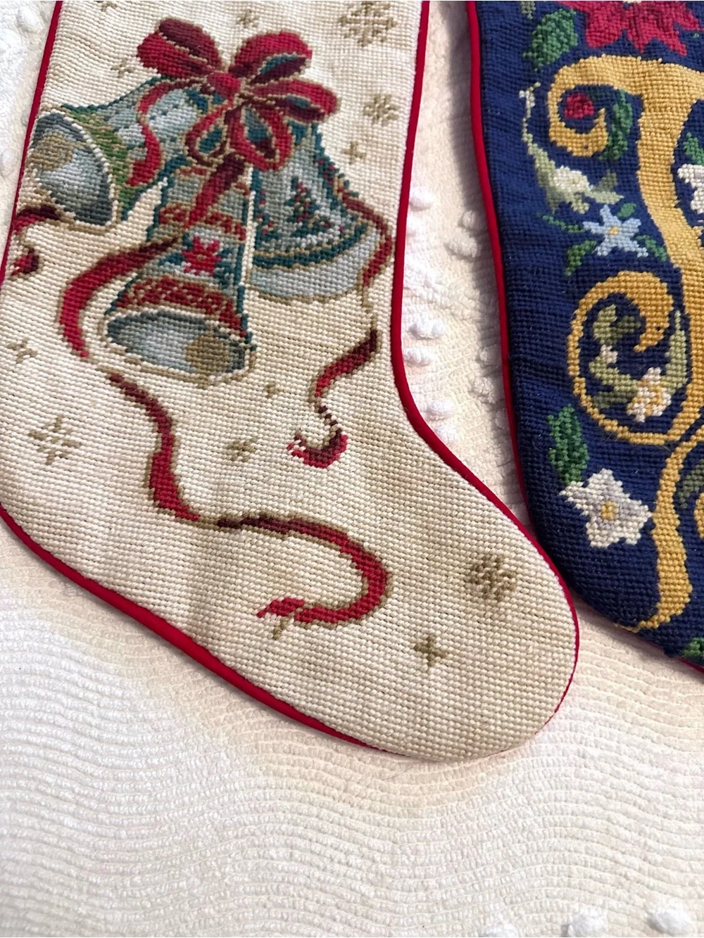 Pair of Christmas Needlepoint Embroidered Holiday Stockings in Red, Navy & Cream